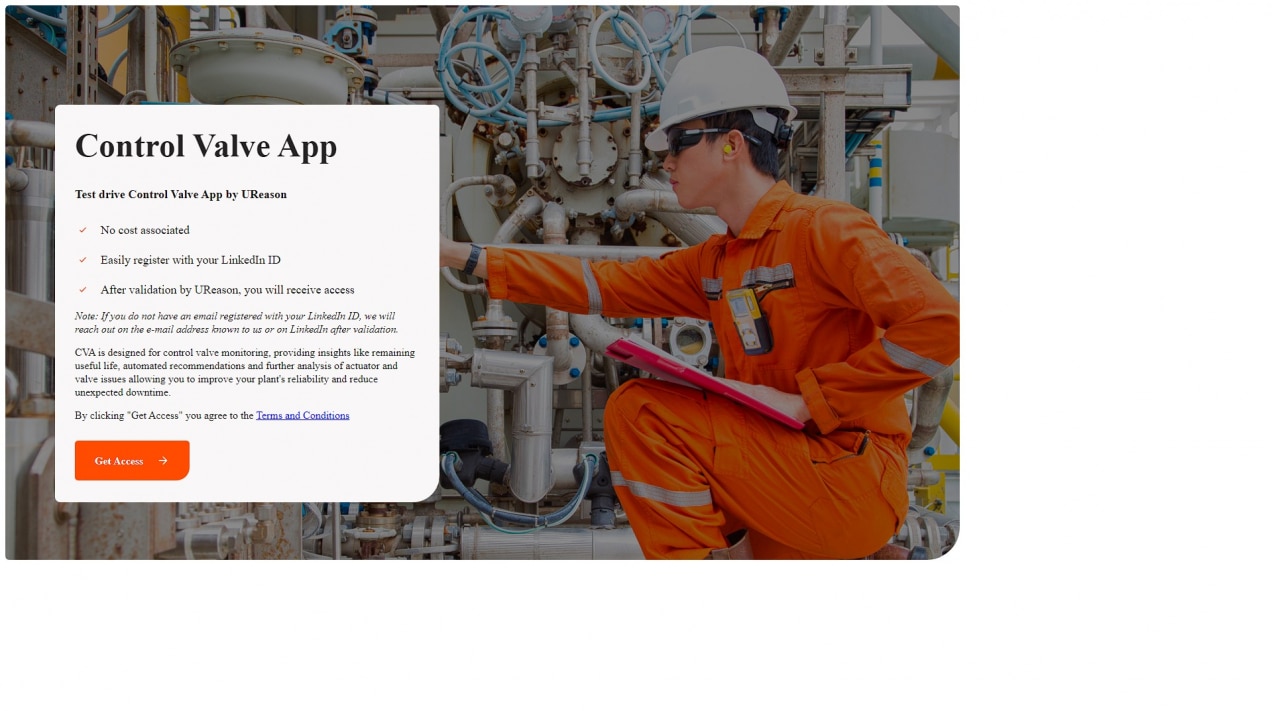 UReason - Control Valve App demo Welcome page