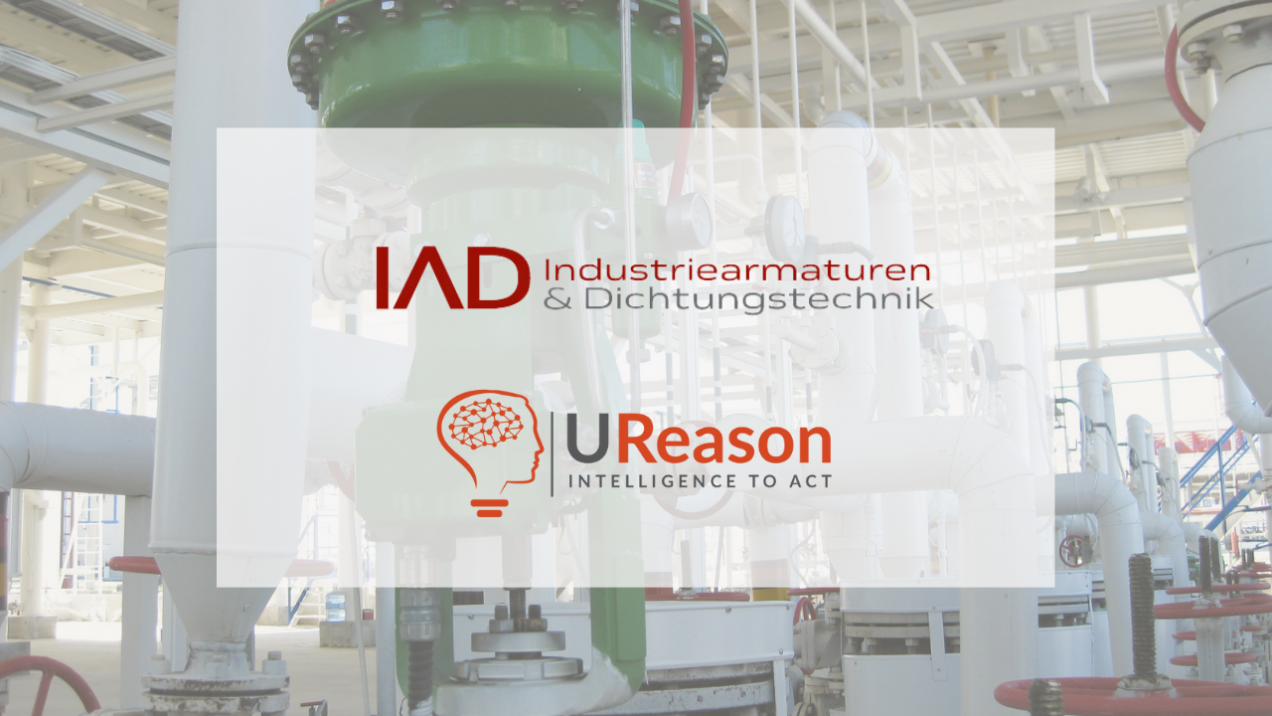 UReason's logo and Industriearmaturen magazine's logo on a background of control valve in a plant