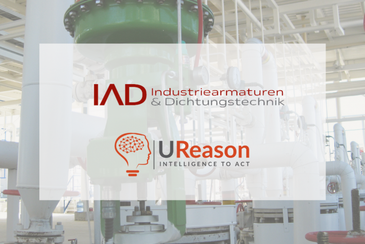 UReason's logo and Industriearmaturen magazine's logo on a background of control valve in a plant