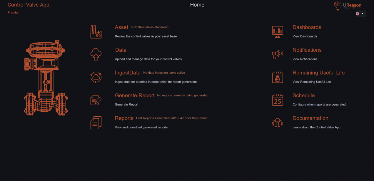 Control Valve App homepage with an overview of capabilities (Premium version)