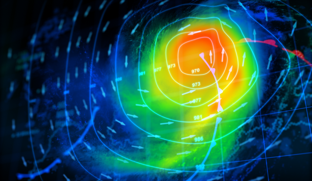 Weather map showing a storm system with pressure contours and wind flow predictions