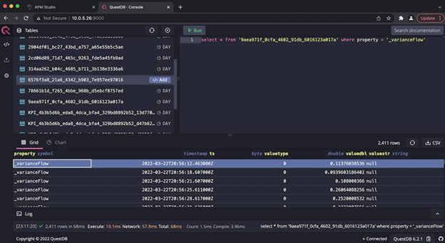 Web UI showing the tables autogenerated for Model objects in APM