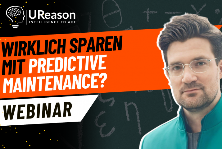 Dr. Nicolas Spiegl next to bold webinar title “Wirklich sparen mit Predictive Maintenance?” – visual for UReason webinar on Business Cases for Data Driven Services