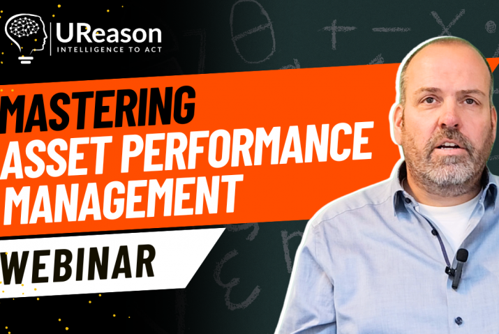 Jules Oudmans presenting a predictive maintenance strategy during a webinar on mastering asset performance management. UReason branding and webinar title appear alongside a technical background.