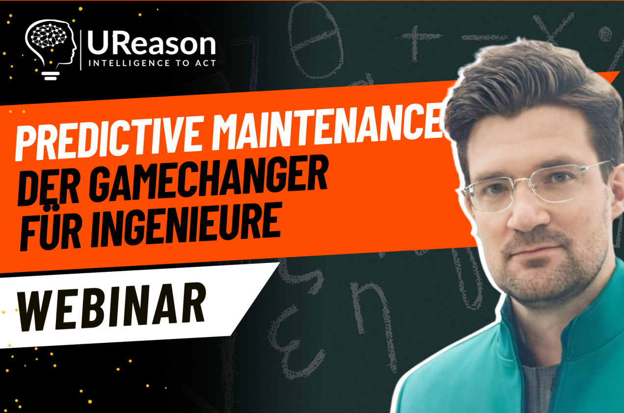 Dr. Nicolas Spiegl presenting predictive maintenance strategy in UReason webinar, with bold title 'Predictive Maintenance – Der Gamechanger für Ingenieure' on orange banner