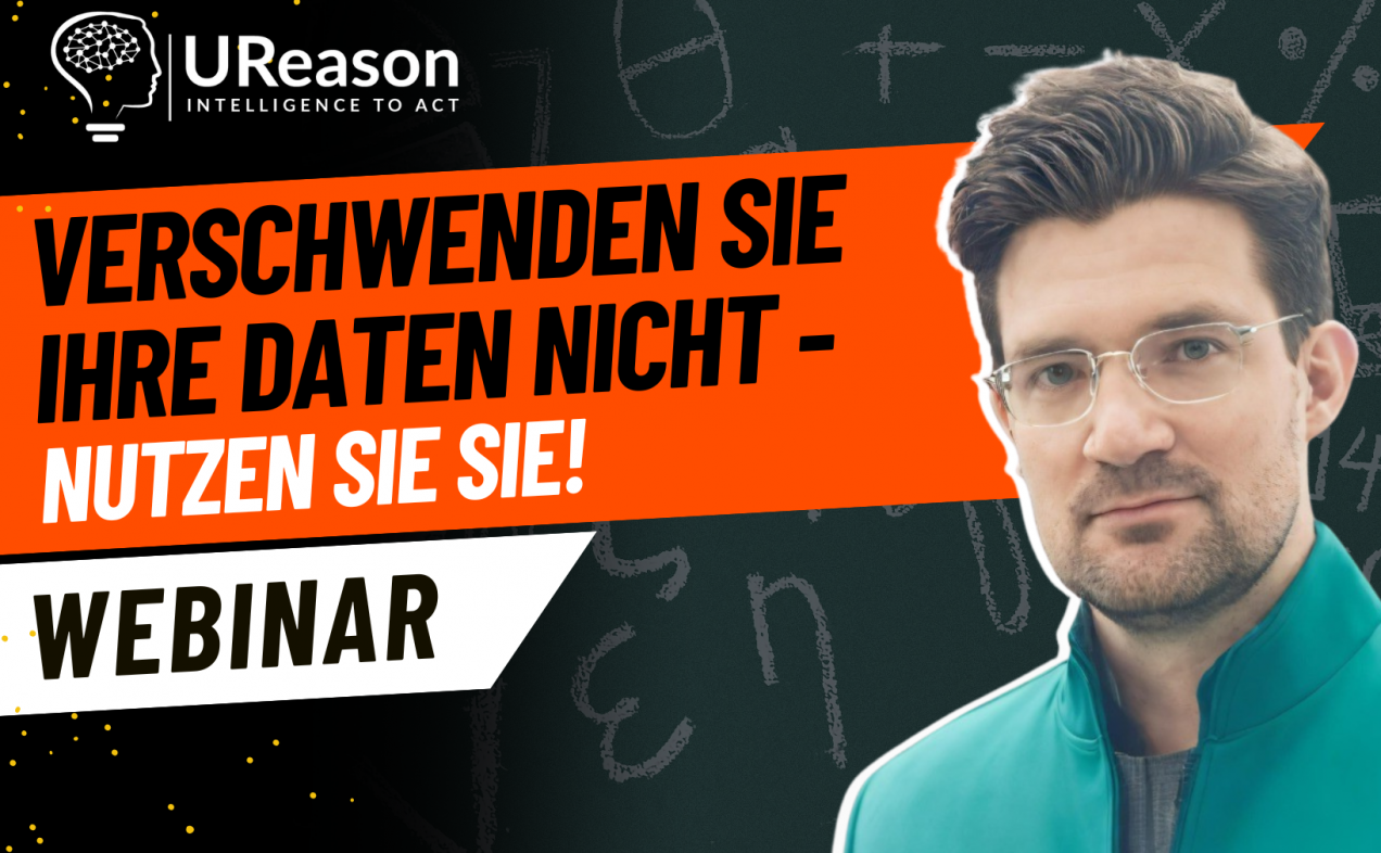 UReason webinar with Nicolas Spiegl, wearing glasses and a teal jacket, against an orange background with German text about data utilization and intelligence.
