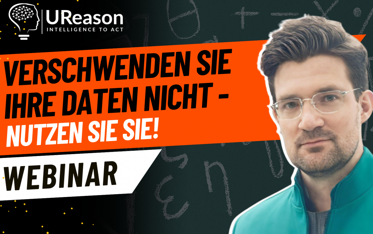 UReason webinar with Nicolas Spiegl, wearing glasses and a teal jacket, against an orange background with German text about data utilization and intelligence.