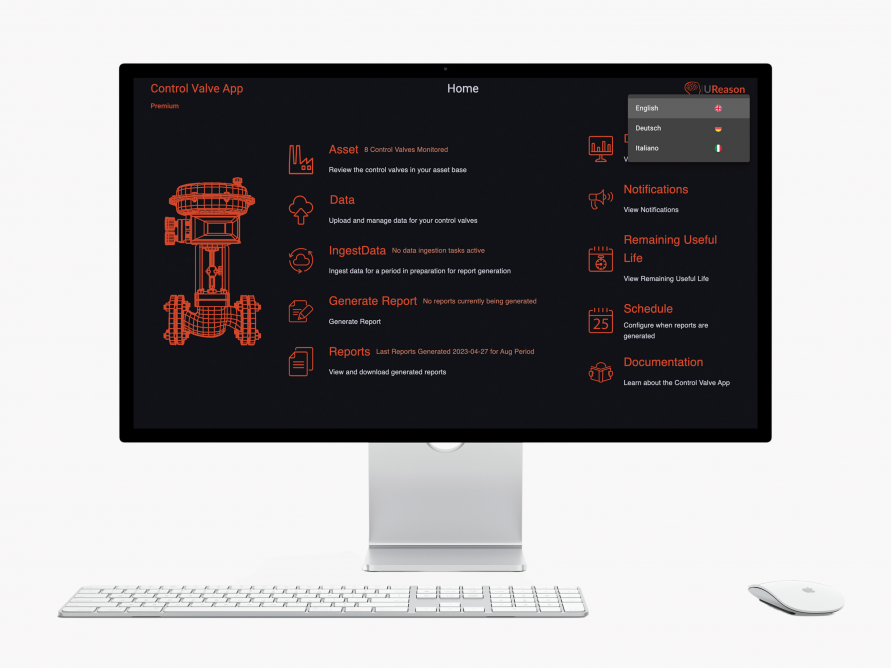 Mock-up of a desktop screen with the Control Valve App Premium version homepage user interface