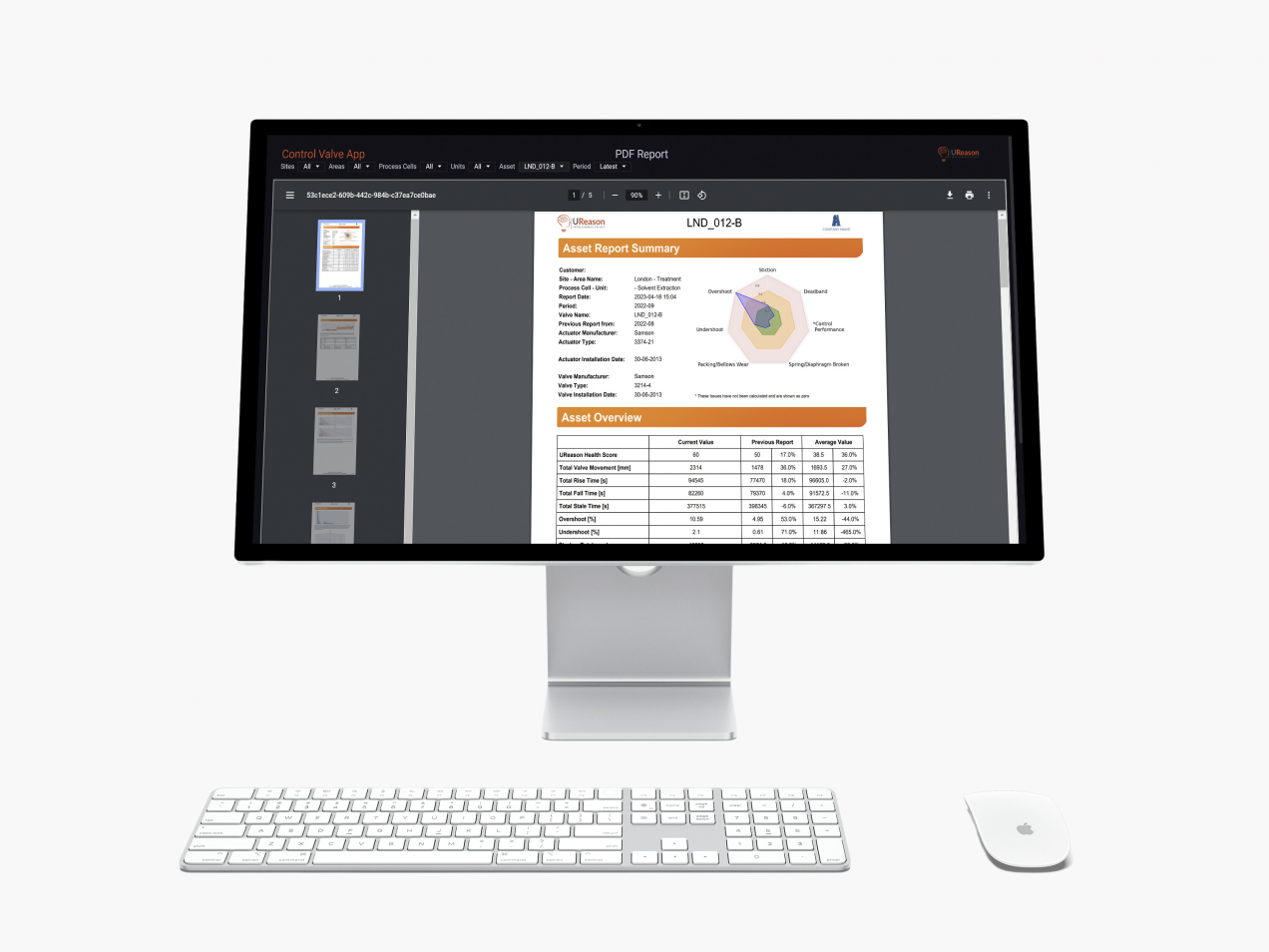 Mock-up of a desktop screen with the PDF report generated by the Control Valve App