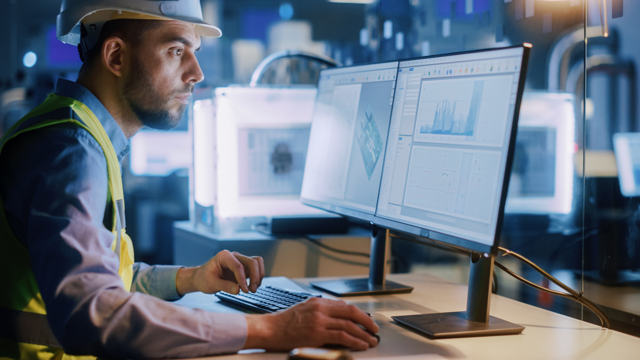 Engineer monitoring asset, looking at the dashboard on the desktop screen