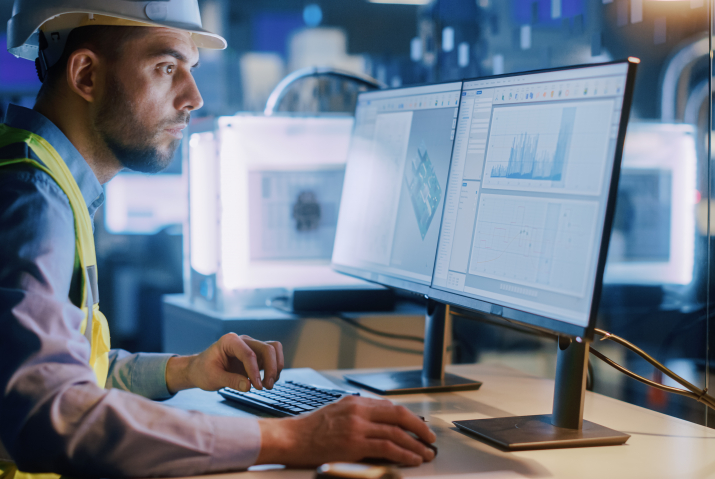 Engineer monitoring asset, looking at the dashboard on the desktop screen